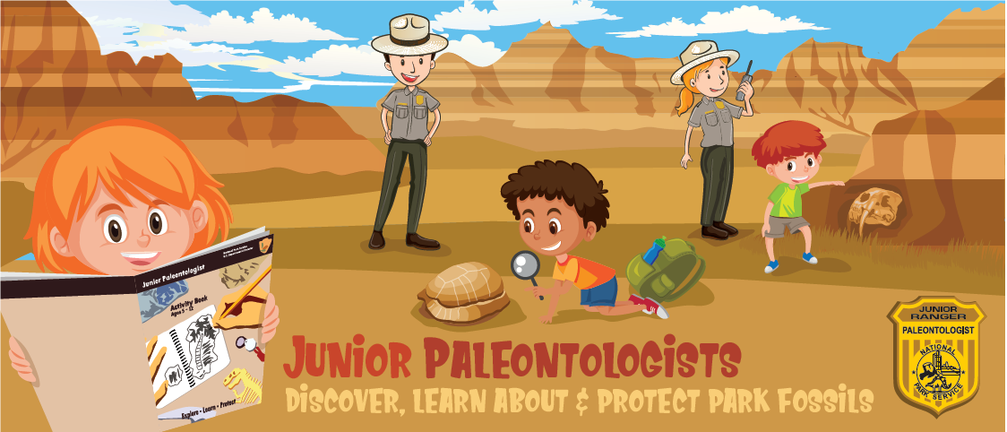 cartoon drawing of rangers and kids exploring for fossils