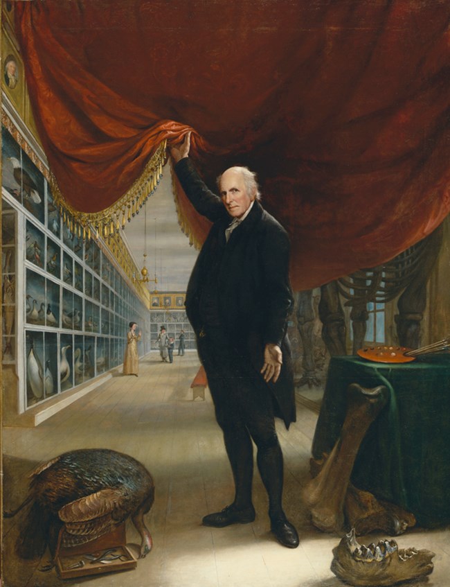 painting of man holding curtain in museum exhibit