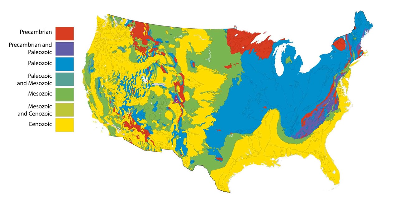 map of the u.s. lower 48 states showing simplified boundaries of bedrock by geologic age