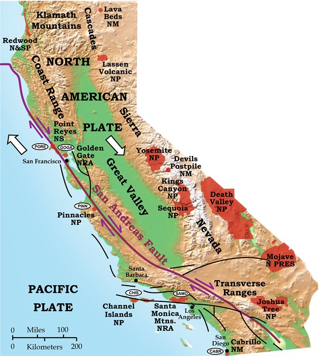shaded relief map of california showing san andreas fault zone and park locations