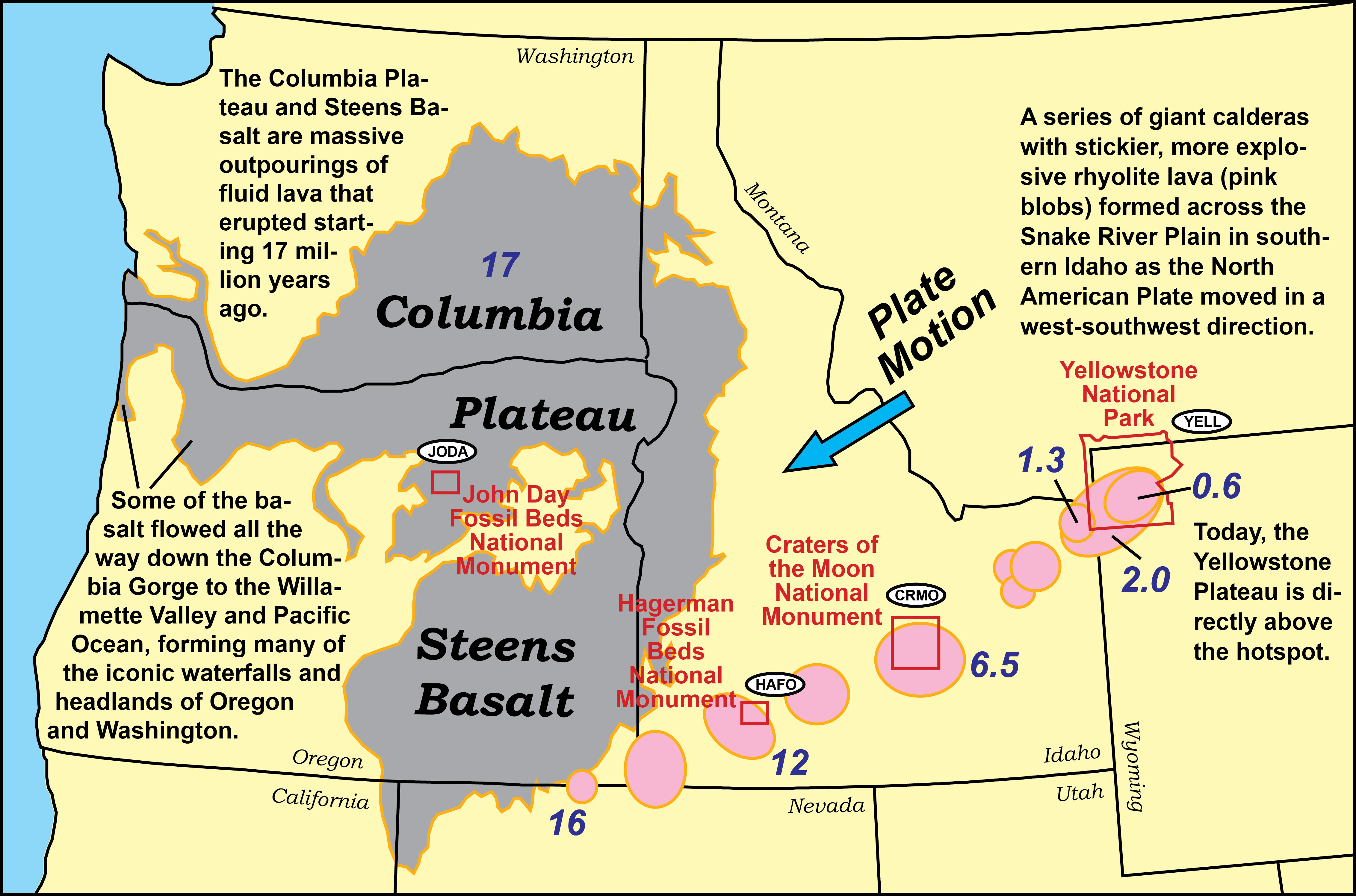 Continental Hotspot Geology U S National Park Service   Map Of Columbia Plateau And Snake River Plain Volcanic Features 10x 