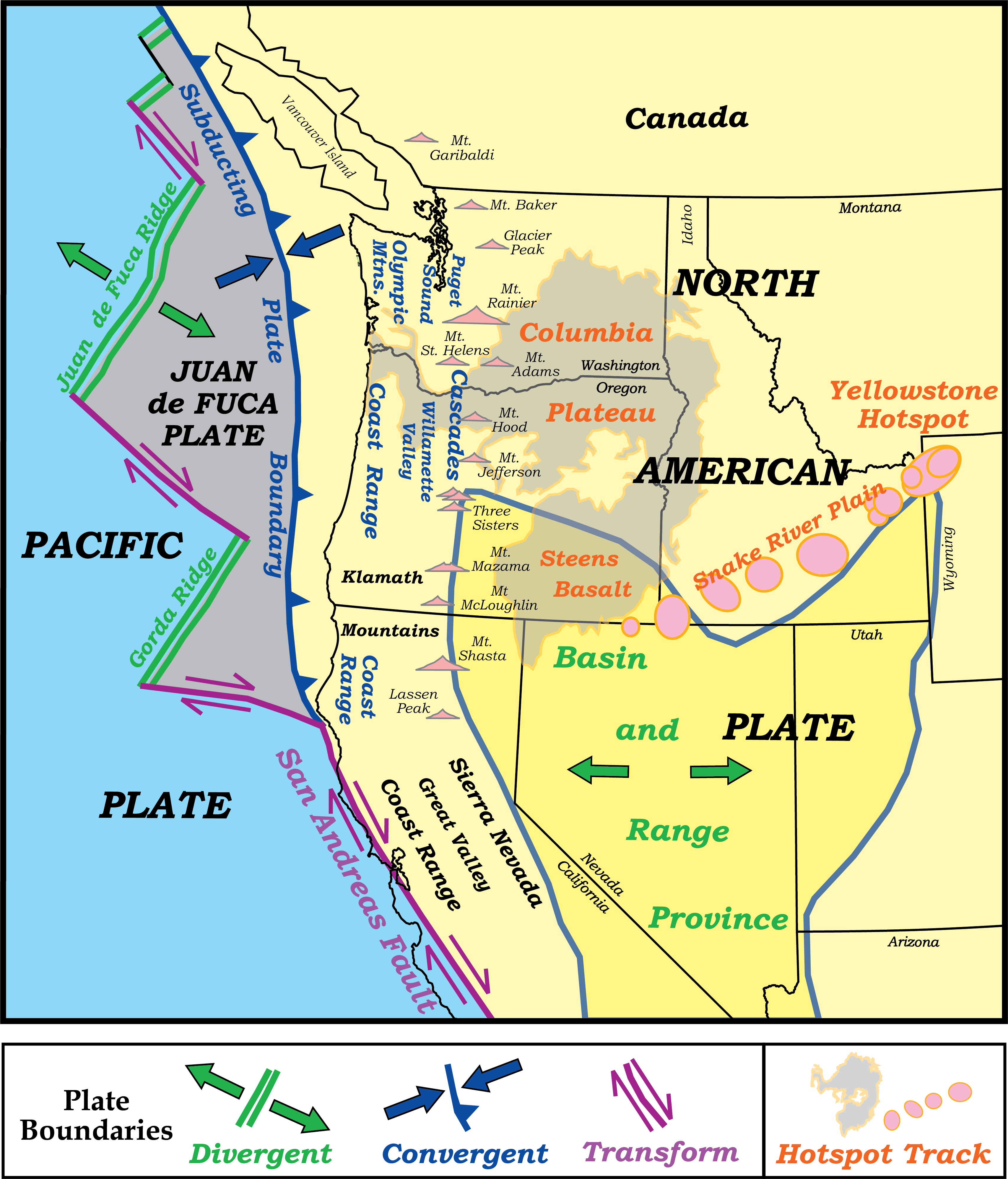 map of northwest us with multiple plates, volcanoes, and physiographic provinces labeled