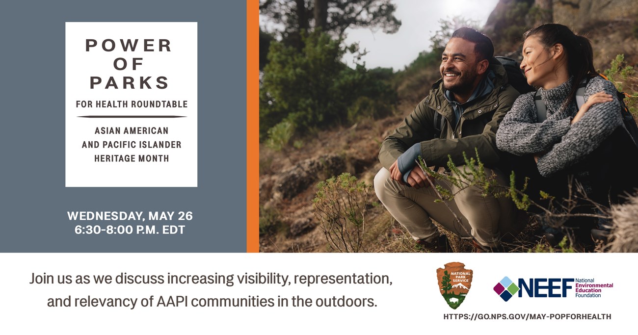 The graphic is an announcement that describes the roundtable event and includes a photo of two people sitting in nature. It also include the logos for the National Park Service and the National Environmental Education Foundation (NEEF).