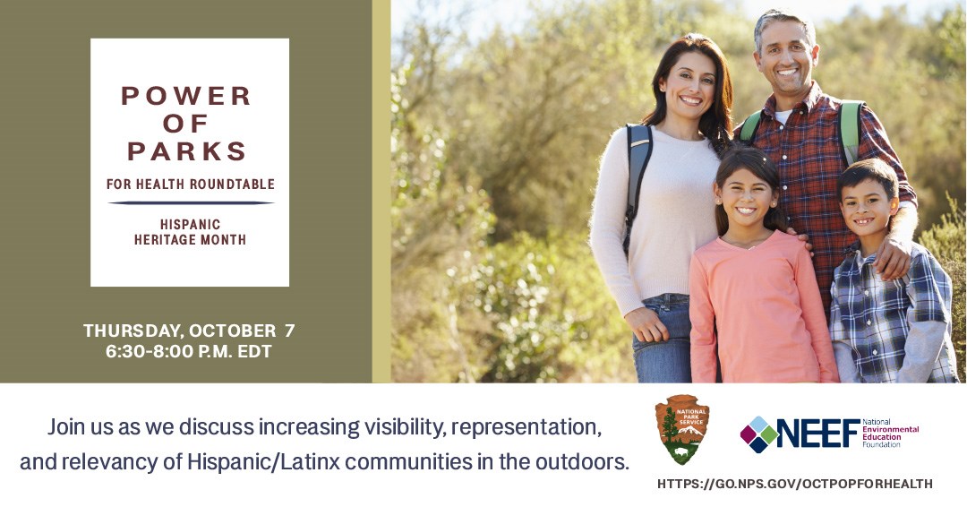 flyer for power of parks for health roundtable featuring a family in a park