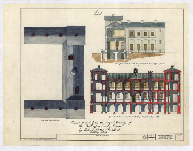 Watercolor drawing showing roof view and two building sections of the Burlington County Prison