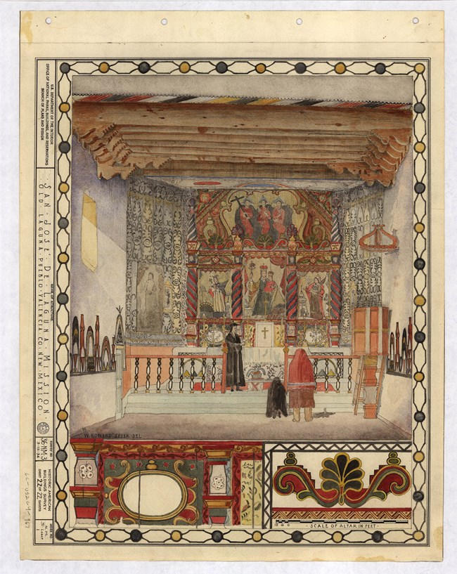 1930s watercolor drawing of the altar in San José de Laguna Mission Church