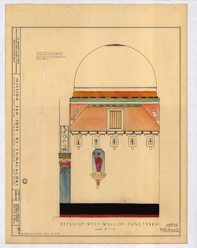 1930s watercolor drawing of a wall in the sanctuary of San José de Tumacácori Mission