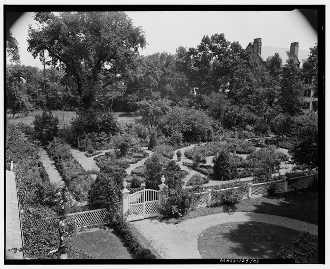 Greyscale photo of garden with picket fence and gate