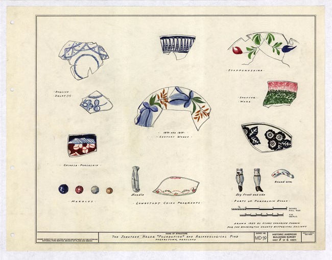 Watercolor drawing showing various pottery shards