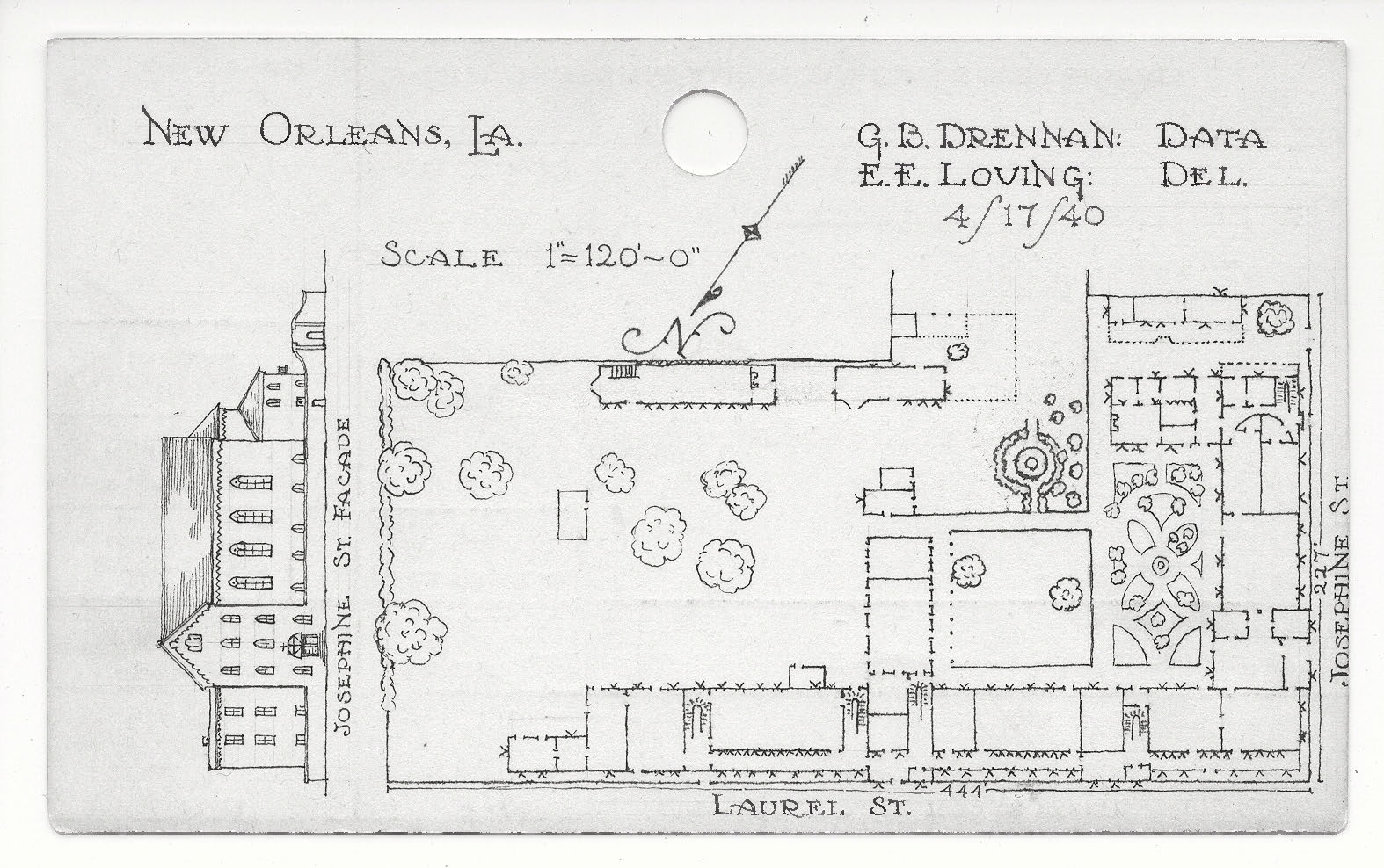 Catalog card with measured drawing of garden and building