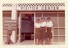 Female rangers in front of the Royal Palm Visitor Center, Everglades National Park, c. 1961.