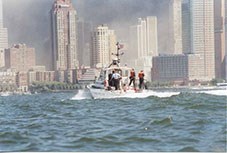 US Park Police Marine Unit, patrols New York harbor after the 9-11 terrorist attacks. New York City skyline in background.
