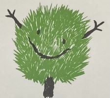 Cartoon tree with upraised hands and laughing face