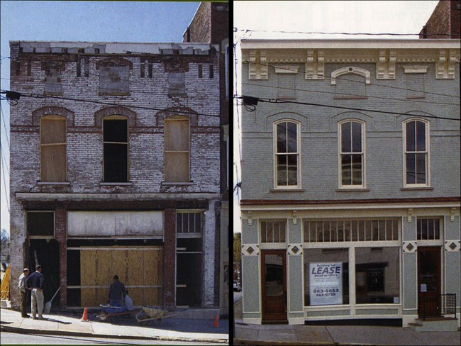 Frame building before and after National Park Service historic preservation grant assistance