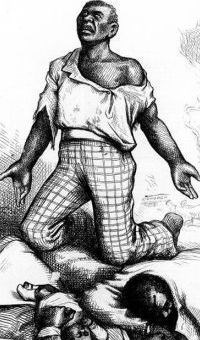 Illustration of a persecuted African American man looking up with caption “Am I not a man and a brother?”