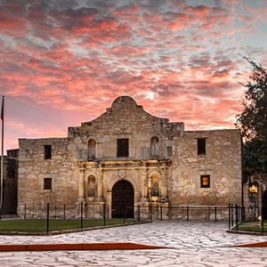 Dawn breaks over the famous Alamo. Now part of the San Antonio Missions World Heritage Site.