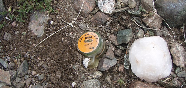 A small, round, orange topped device rests on the ground.