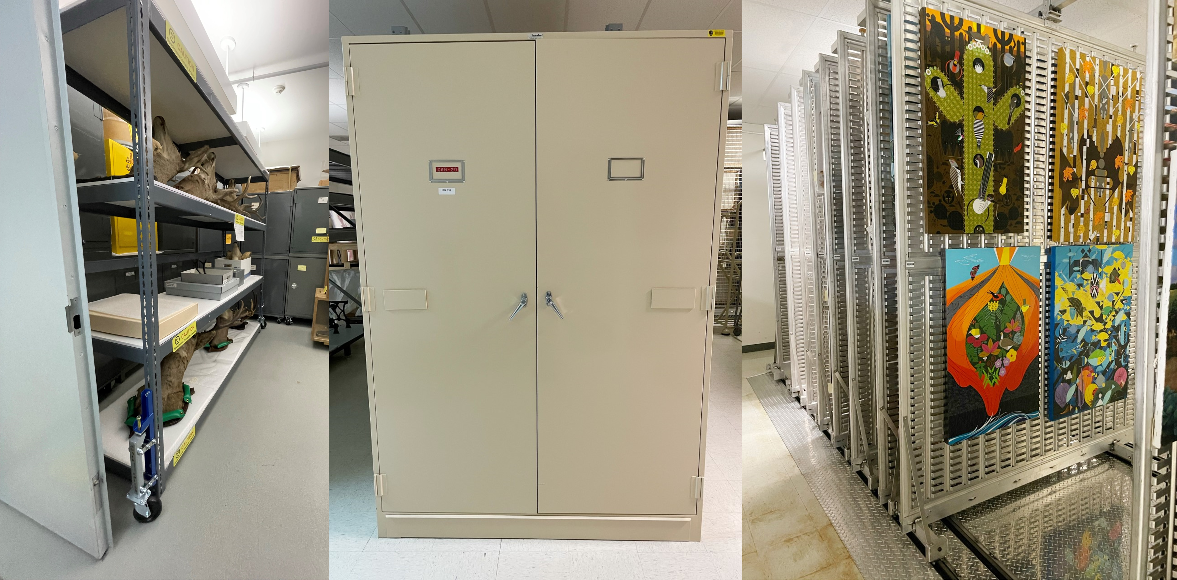 Three examples of common museum storage: shelves, cabinets, and painting racks.