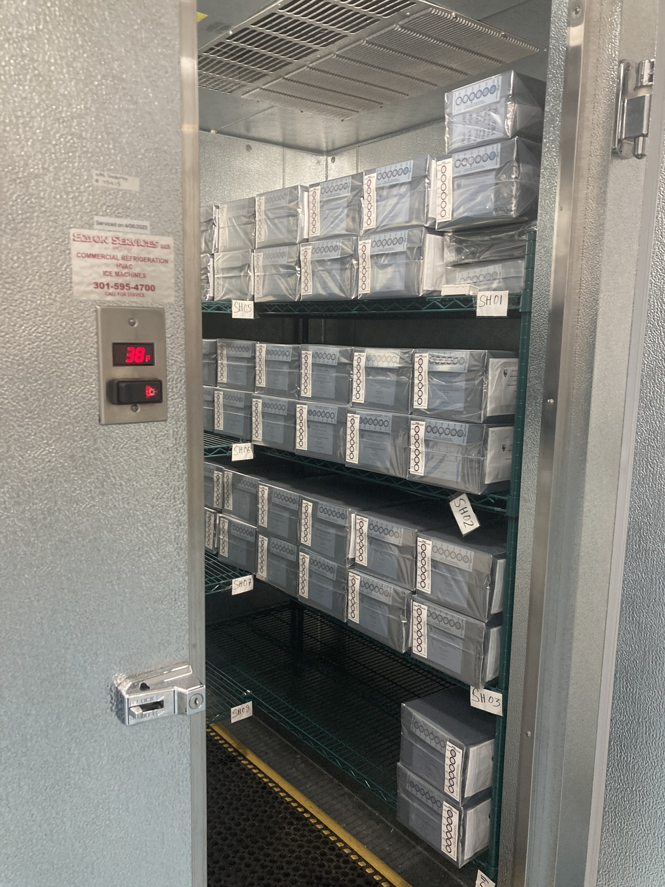 Photo showing the inside of a walk-in freezer with wrapped archives boxes stored on shelves.