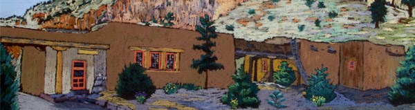 Painting titled Administration Building, Frijoles Canyon by Helmut Naumer, Sr.