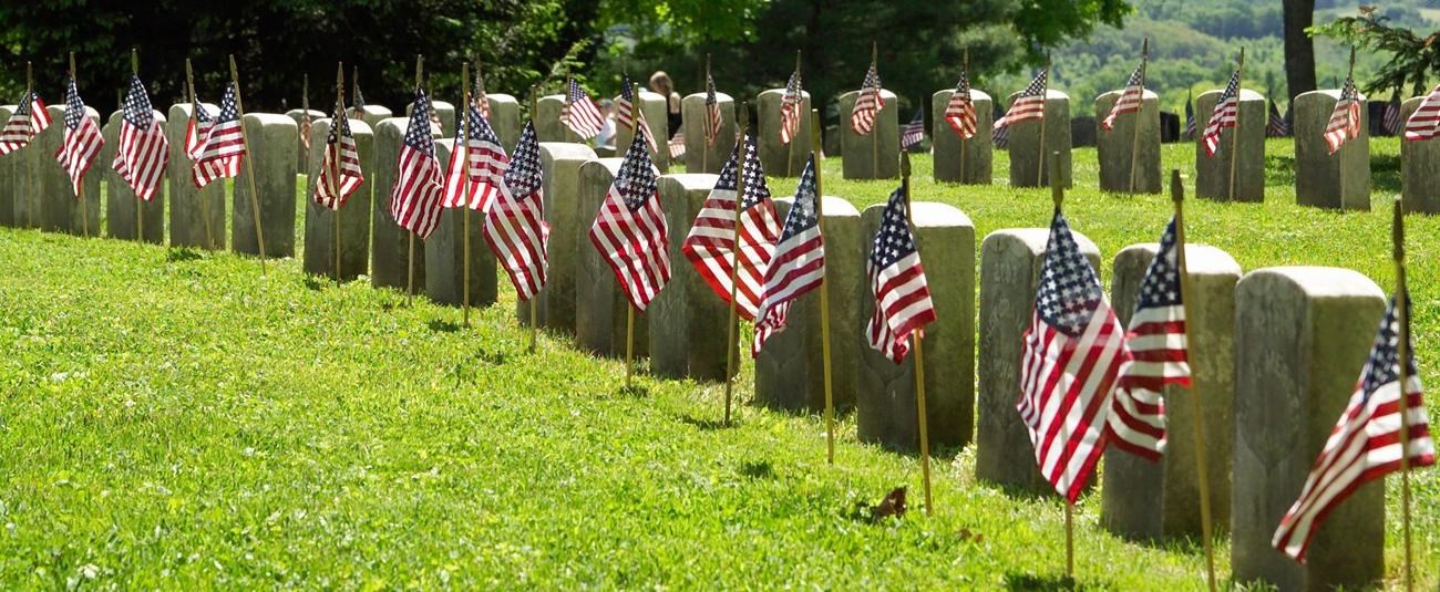 Rows of American flags stand alongside uniform marble headstones, surrounded by turf