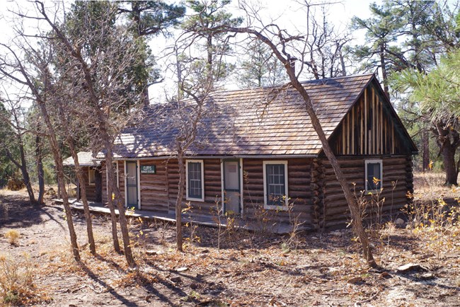 Log cabin set in wooded area