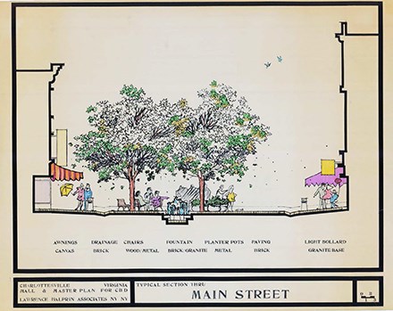 Architectural section drawing showing buildings, people, plaza, and vegetation.