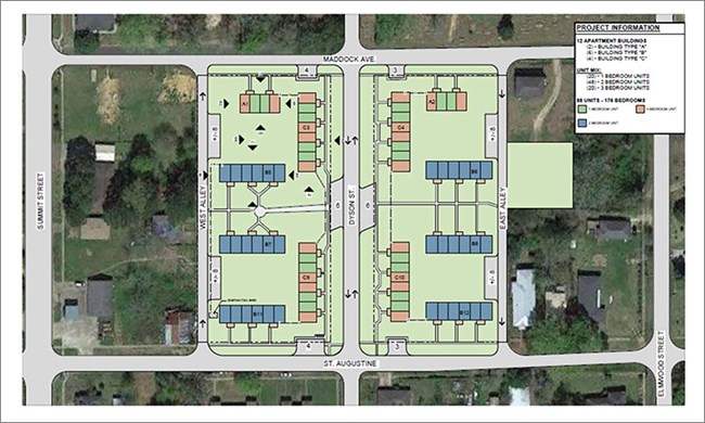 Plan drawing of housing showing streets and buildings.