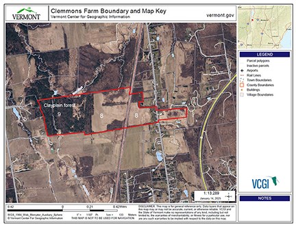 Map showing roads, buildings, and vegetation.