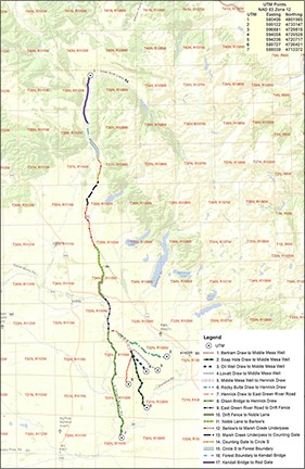 Map showing a 58-mile-long cattle trail between a desert and a forested landscape.