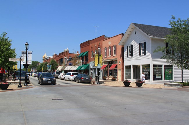 Streetview of commercial district with street and storefronts