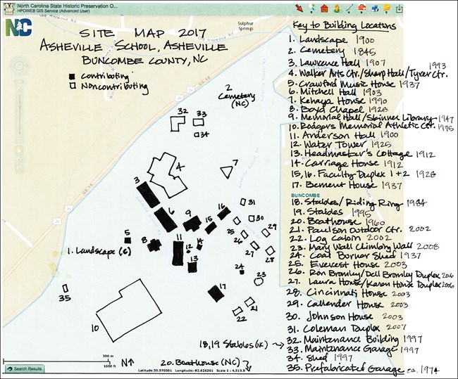 Site Map of Asheville School showing contributing and non-contributing resources