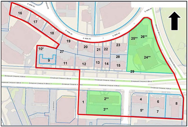 Map showing buildings, road, parking lots, and district boundary.