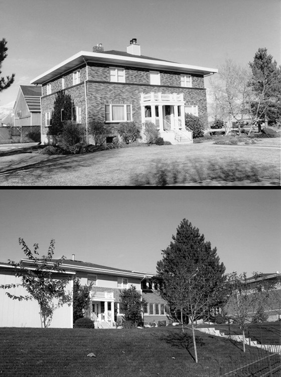 Two images of the same brick house: top image shows original condition, bottom image shows original building with large additions and refinished facade.