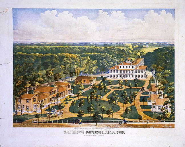 Poster of Wilberforce University, Xenia, Ohio, showing quad and main bulidings