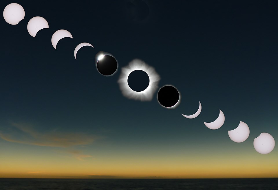 A sequence of a total solar eclipse runs across the screen