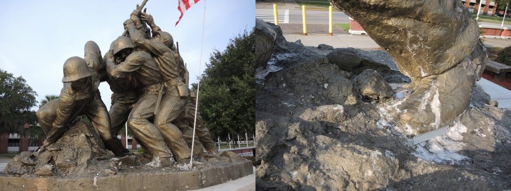Two images: Five soldiers struggle to raise an American flag and pole. Close up foot connected to damaged base.