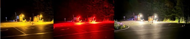 three photos of amber, red, and white lights at night at Acadia National Park entrance station