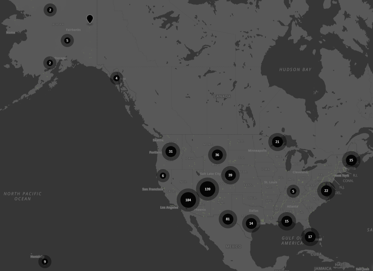 Clip of NSNSD night sky data collection sites map, showing locations of data collection across the US