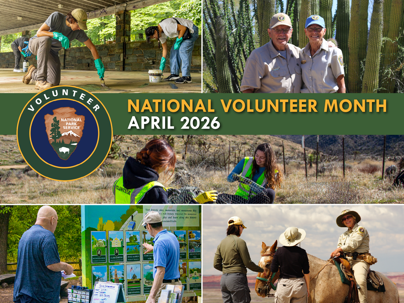 Collage reading "National Volunteer Month April 2026", the National Park Service's volunteer logo, and photos of volunteers doing various projects and talking to park visitors.