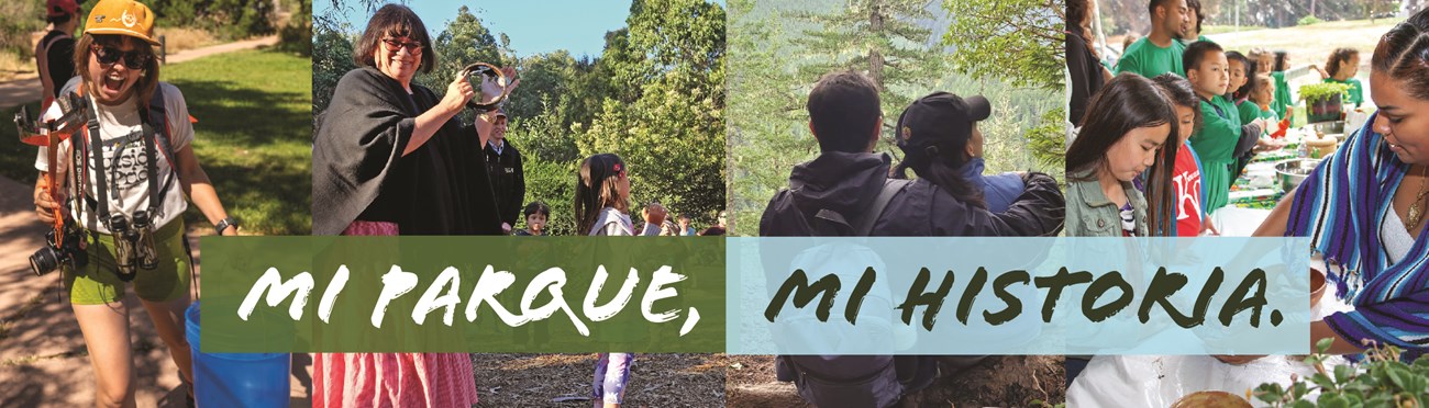 Banner of images of Latinos enjoying national parks with text reading "Mi Parque, Mi Historia."