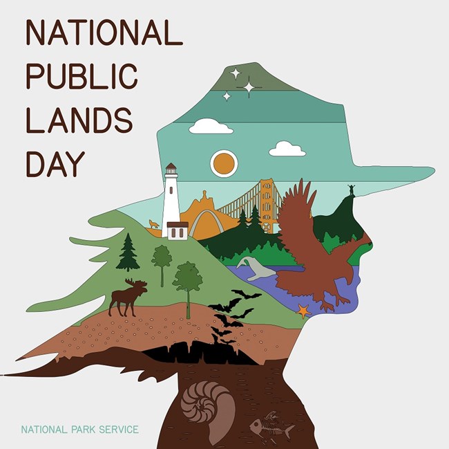 Illustration of a ranger created with park-related images with text reading "National Public Lands Day National Park Service"