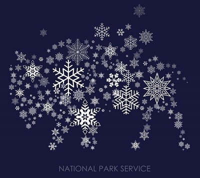 Graphic of a bison made of snow flakes with text reading "National Park Service"