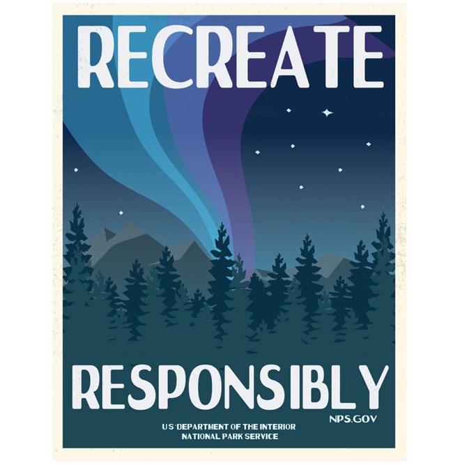 Illustration of northern lights over a snow-covered forest with text "Recreate Responsibly"