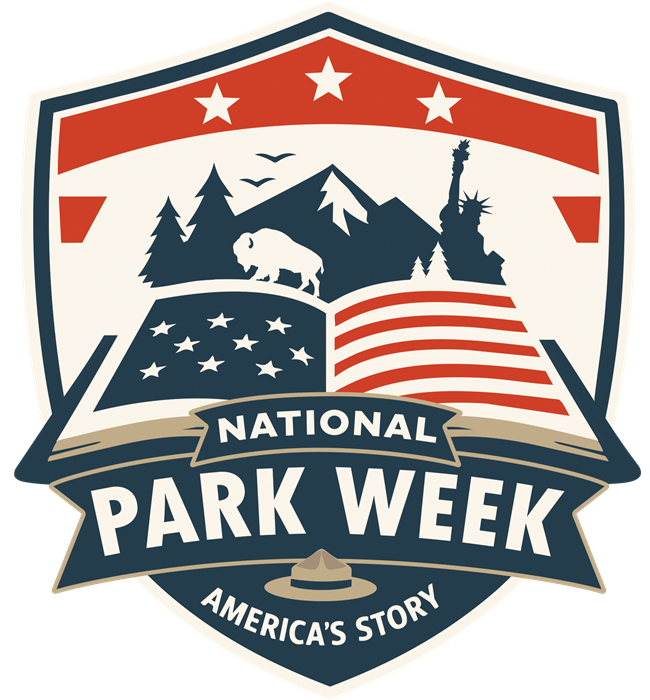 Graphic reading "National Park Week America's Story" in the shape of a ranger badge including images of a ranger hat, bison, the Statue of Liberty, mountains, trees, and birds.