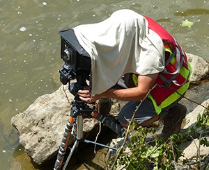 A man in an orange and green safety vest crouches on rocks in a river while he looks through a large camera on a tripod. His head is covered with a cloth.
