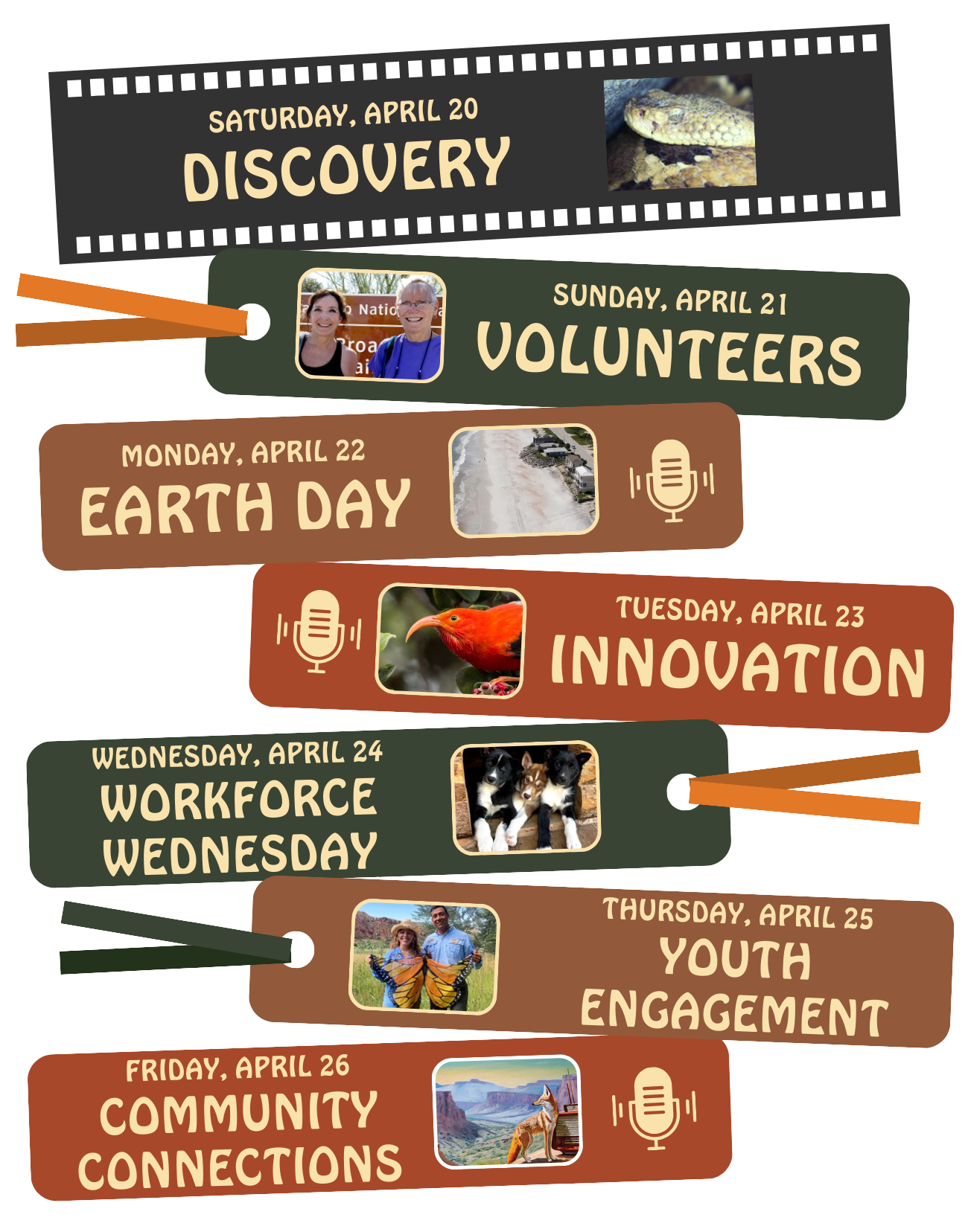 A graphic with links to stories for each day from April 20 to April 26