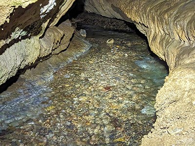 Cave passage lined with cave formations follows the River Styx as it bends out of sight.