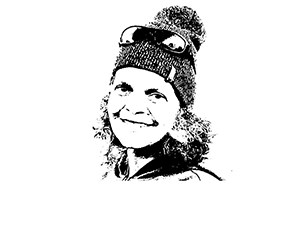 Black and white line drawing of a smiling woman with shoulder-length hair, wearing a knit cap with sunglasses perched on it