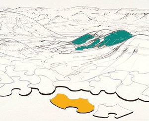 Black and white drawing of a jigsaw puzzle depicting mountains. One of the mountains is a green color. One of the puzzle pieces in front is a yellow color.